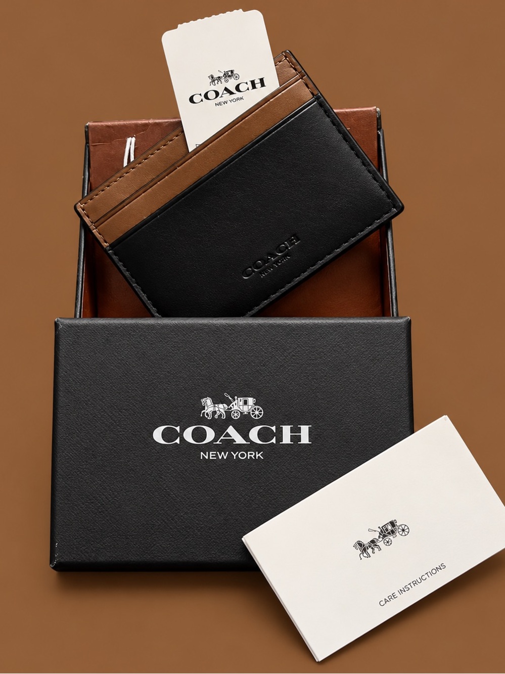 Coach Two-Tone Leather Money Clip Card Holder — Black & Brown